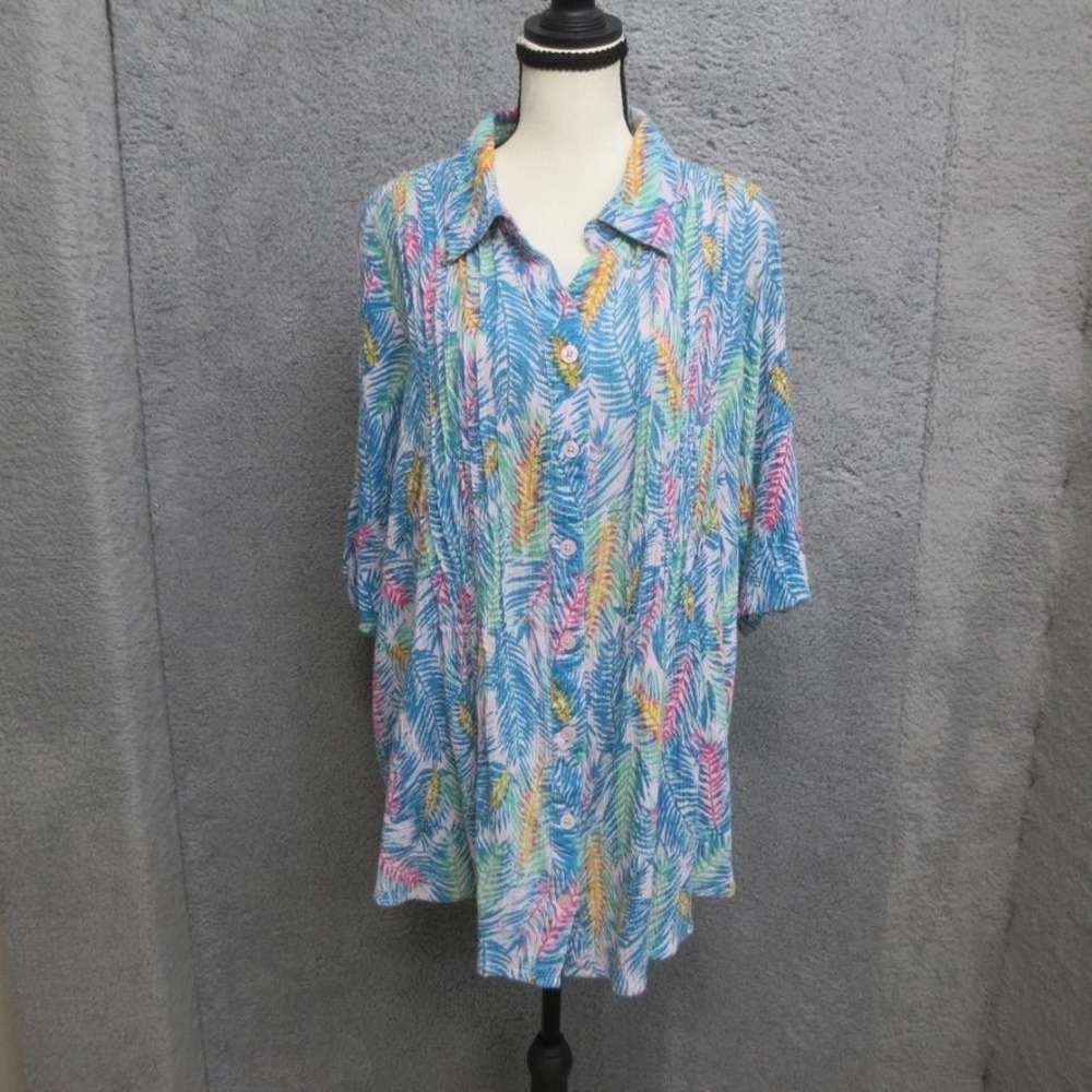 Woman Within Tropical Floral Print Shirt Women 22/24 Blue Multicolor 100% Cotton